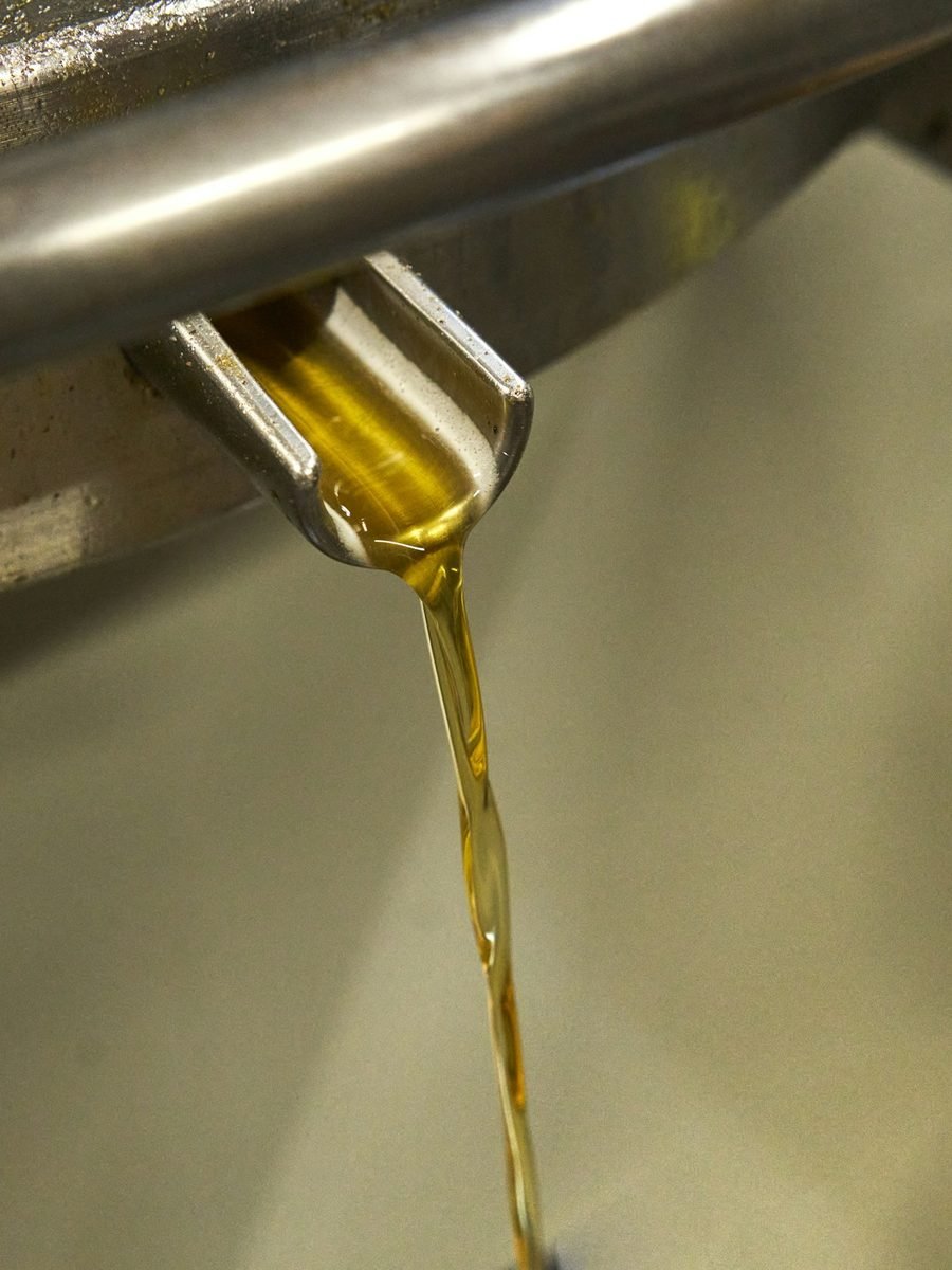 Golden cold-pressed oil pouring from a traditional wood press